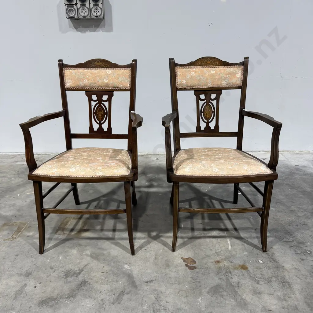 Pair of Edwardian Sheraton Revival Mahogany Armchairs w Intricate Inlay on the Back Splat & Upholstered Seating Image 1++