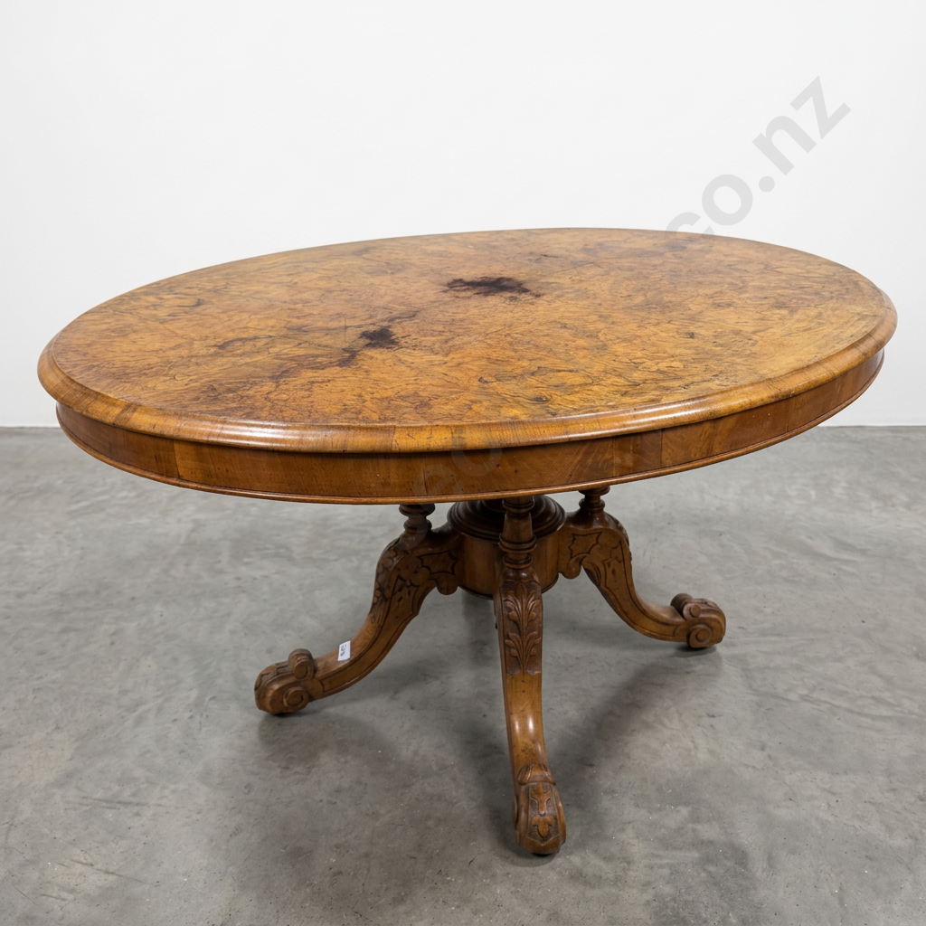 Victorian Burr Loo Table on a Carved Four Point Base Image 1++