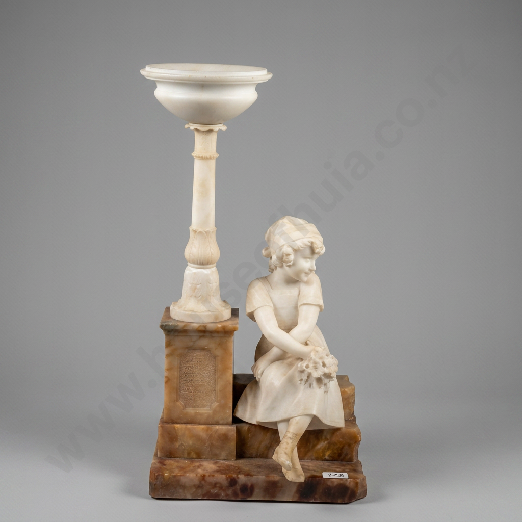 Italian Carved Alabaster & Marble Figural Lamp w Seated Woman on Polished Marble Base. Top of Light Globe Missing Image 1++