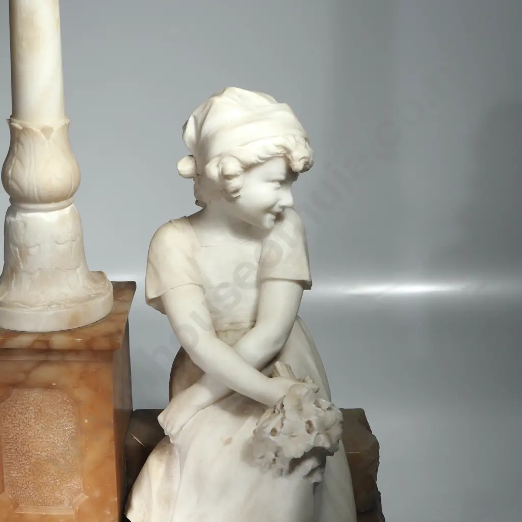 Italian Carved Alabaster & Marble Figural Lamp w Seated Woman on Polished Marble Base. Top of Light Globe Missing Image 1++
