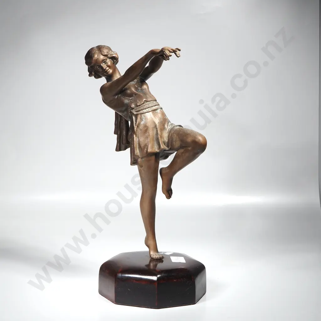 Art Deco Sculpture in Spelter Depicting A Dancer on a Wooden Octagonal Base Image 1++