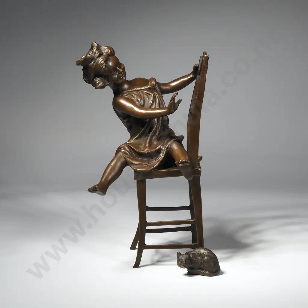 Franz Iffland - Young Girl Playing w a Cat Seated on a Chair, Bronze Image 1++