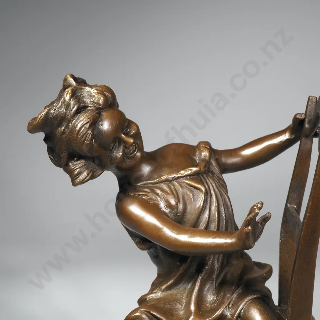 Franz Iffland - Young Girl Playing w a Cat Seated on a Chair, Bronze Image 1++