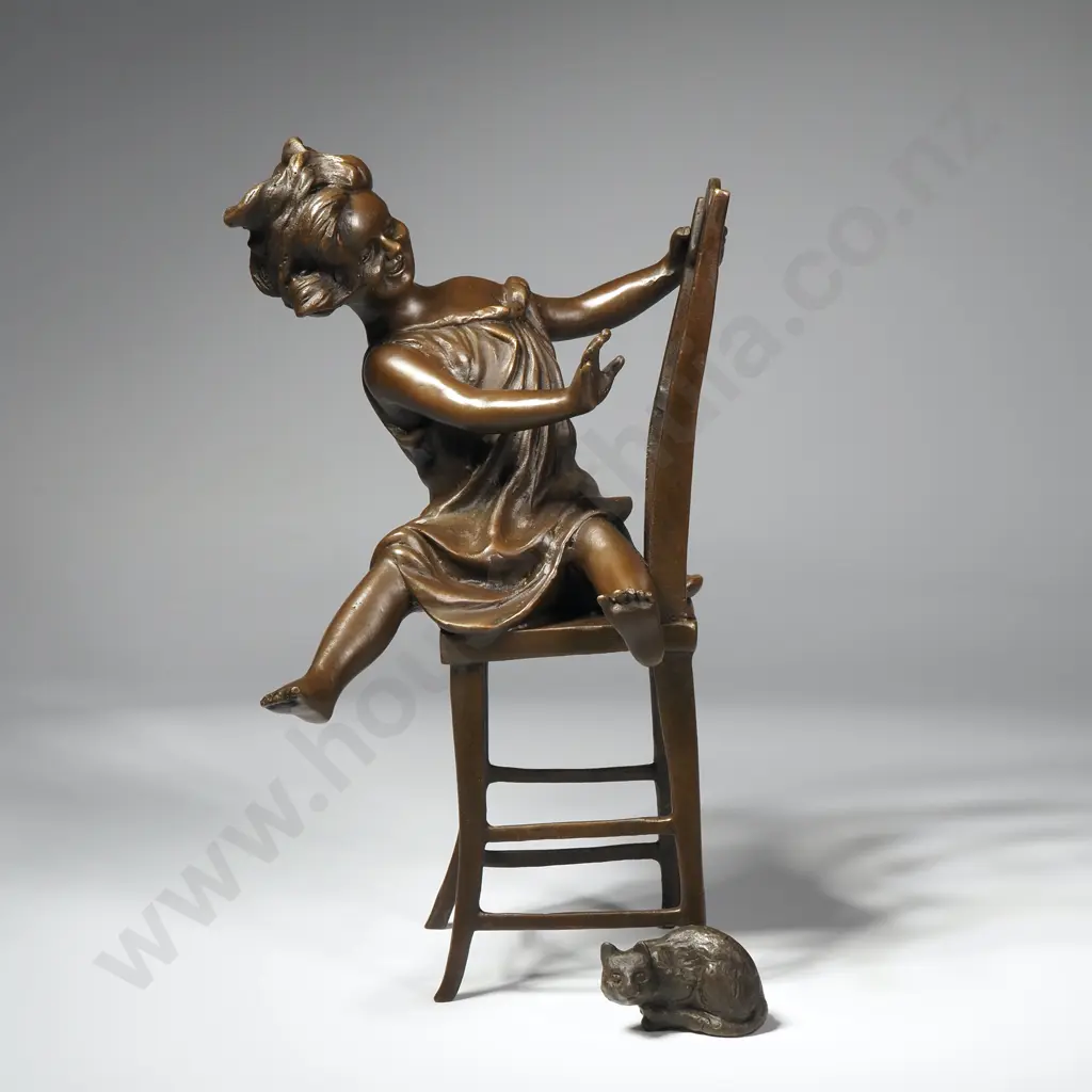 Franz Iffland - Young Girl Playing w a Cat Seated on a Chair, Bronze Image 1++