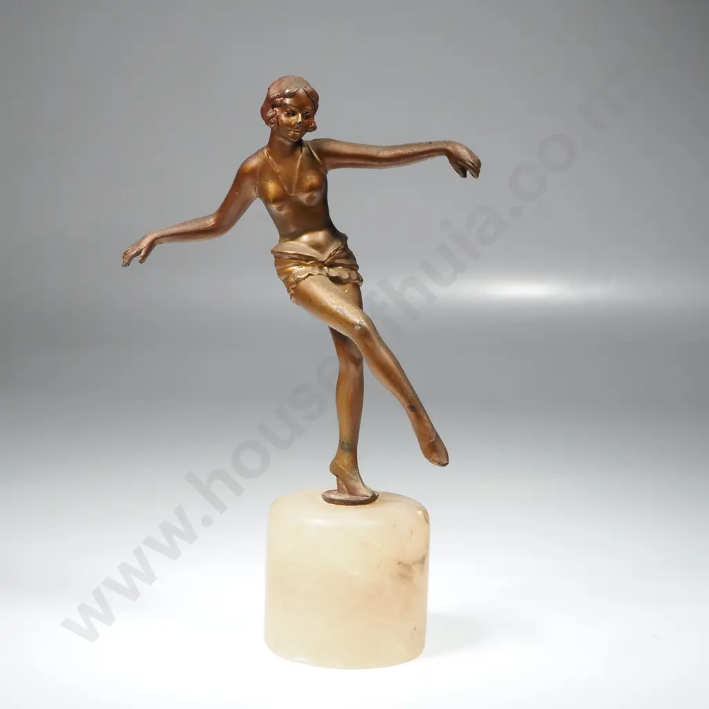 Josef Lorenzl (1892-1950) Attributed, Art Deco Miniature Bronze Statue of a Dancing Girl on an Alabaster Base, Circa 192 Image 1++