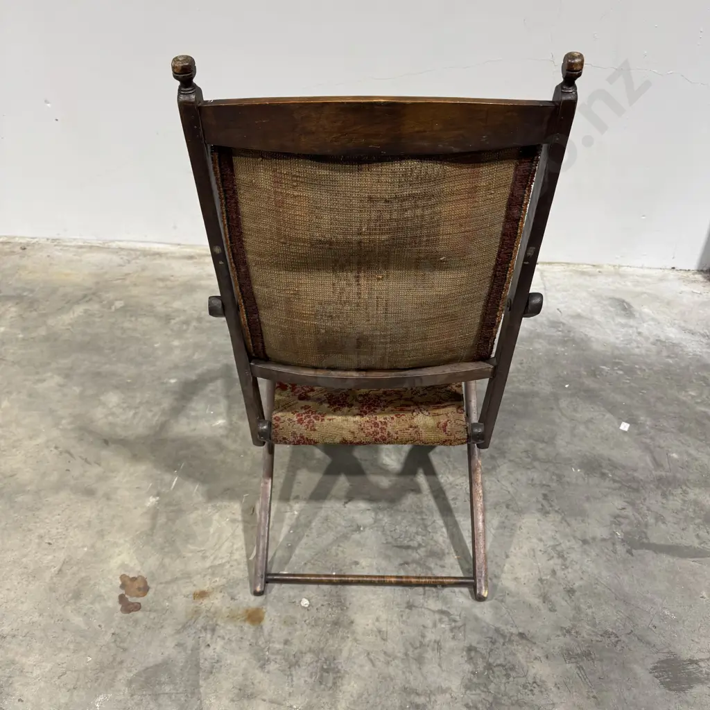 Vintage Wooden Folding Armchair w X Frame & Geometric Patterned Tapestry Back & Seat Image 1++