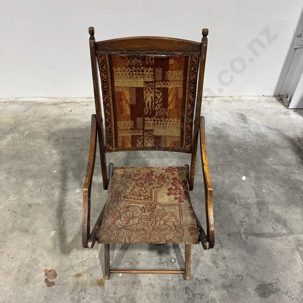 Vintage Wooden Folding Armchair w X Frame & Geometric Patterned Tapestry Back & Seat Image 1++