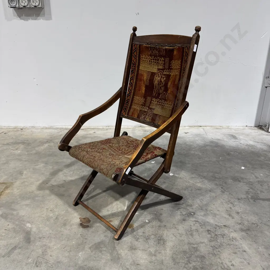 Vintage Wooden Folding Armchair w X Frame & Geometric Patterned Tapestry Back & Seat Image 1++