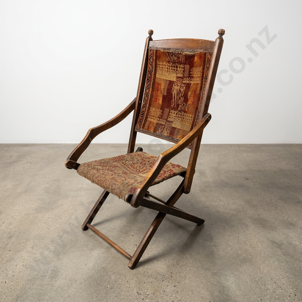 Vintage Wooden Folding Armchair w X Frame & Geometric Patterned Tapestry Back & Seat Image 1++