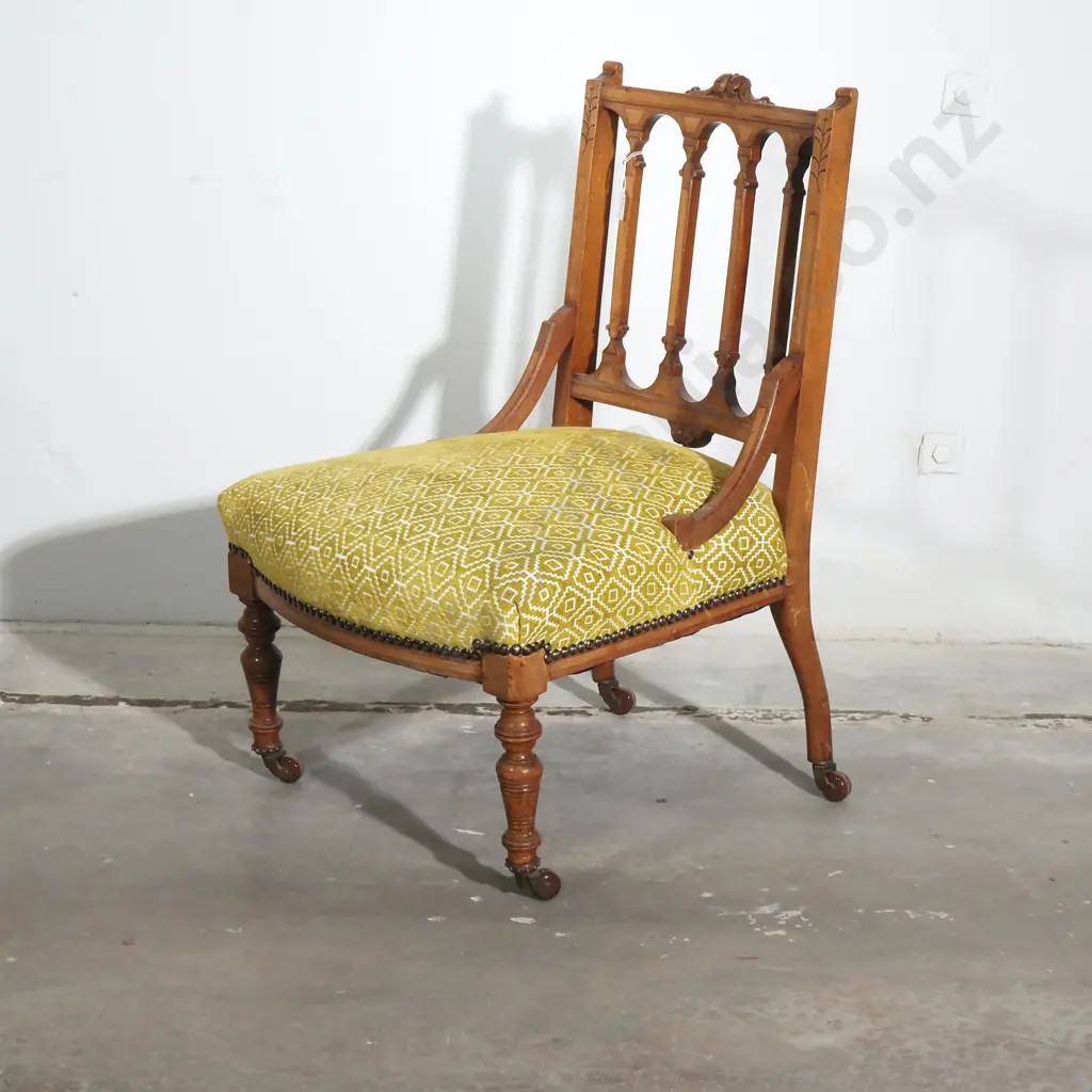 Antique Bedroom Chair w Decorative Carved Back Rail & Geometric Upholstery on Four China Castors Image 1++