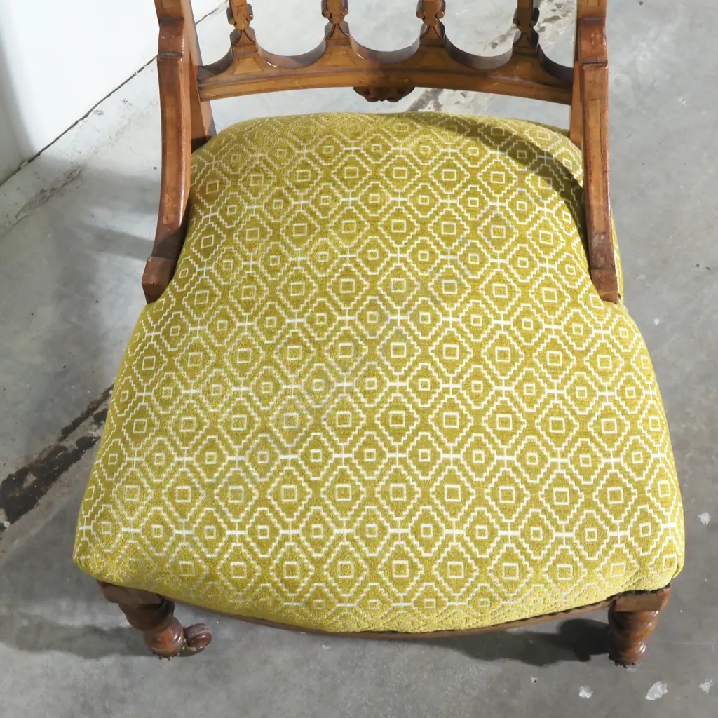 Antique Bedroom Chair w Decorative Carved Back Rail & Geometric Upholstery on Four China Castors Image 1++