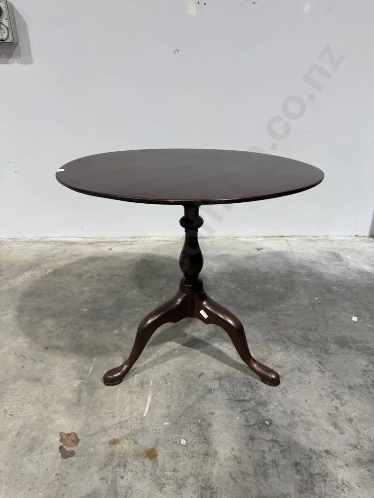 Antique 19th Century Mahogany Tilt Top Table w Circular Top on A Tripod Base w Turned Pillar terminating in Pad Feet Image 1++