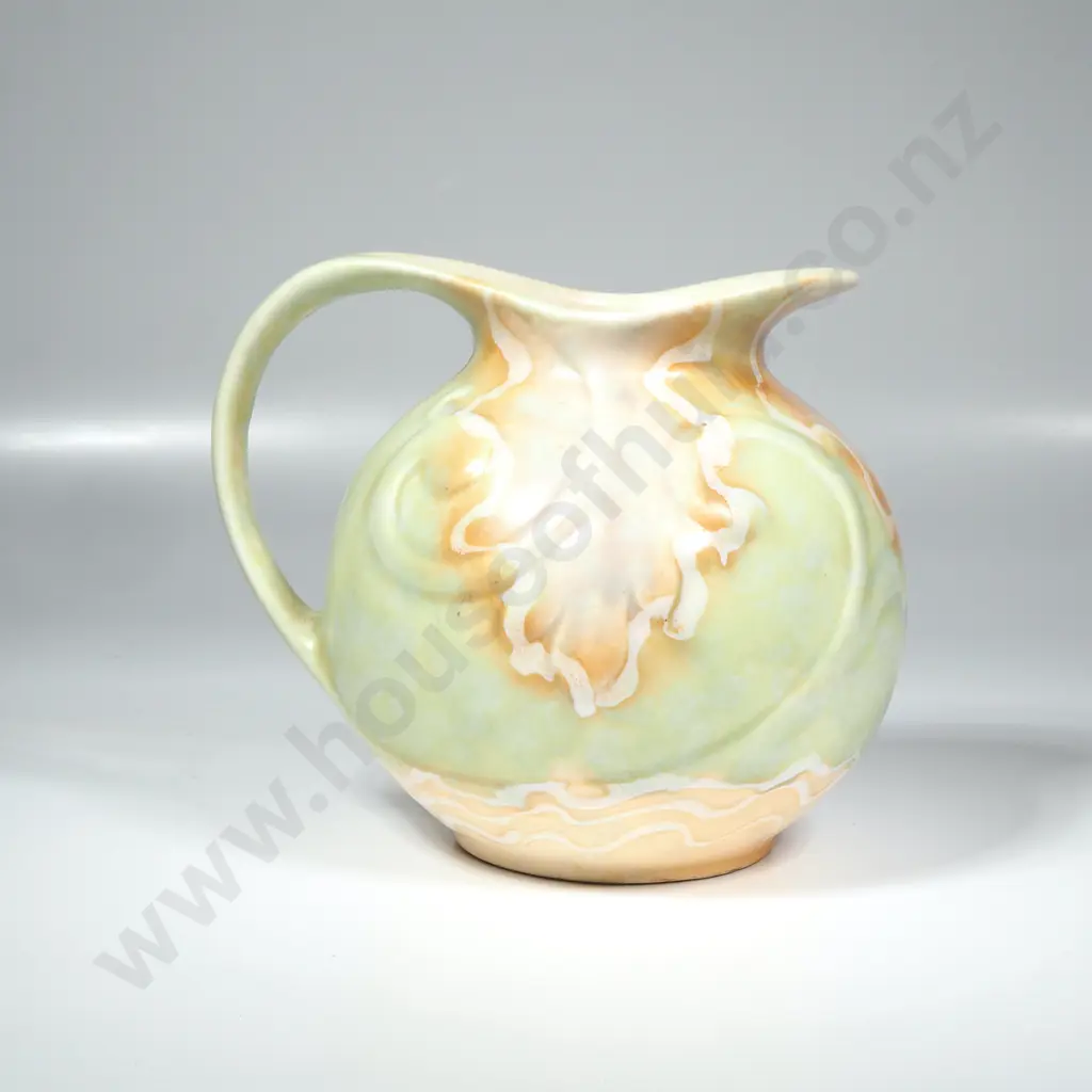 Burslem Ware Pitcher w a Green & Orange Glaze w a Raised Scroll Pattern Image 1++