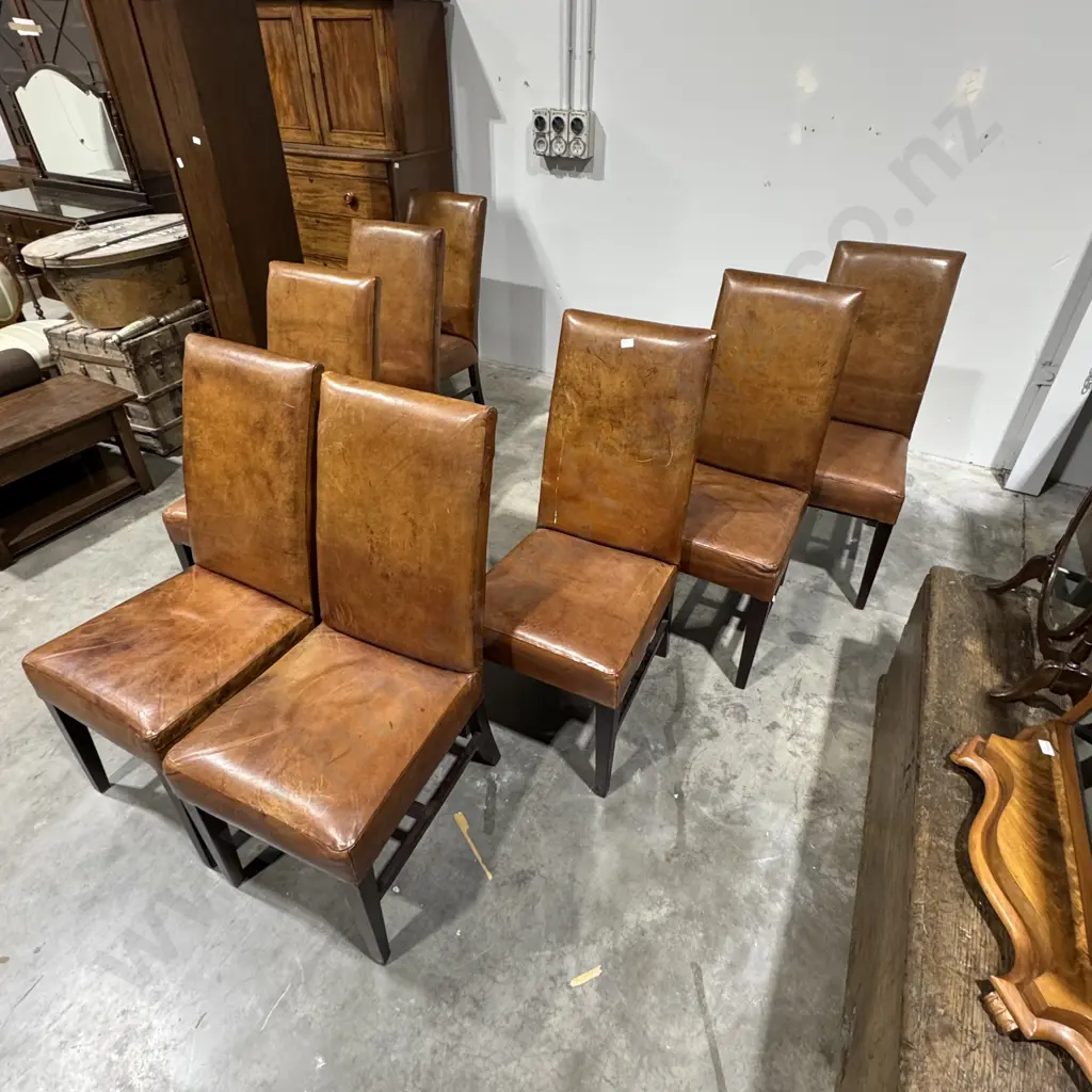 Eight Leather High Back Dining Chairs On Square Tapered Legs w Cross Stretchers Image 1++