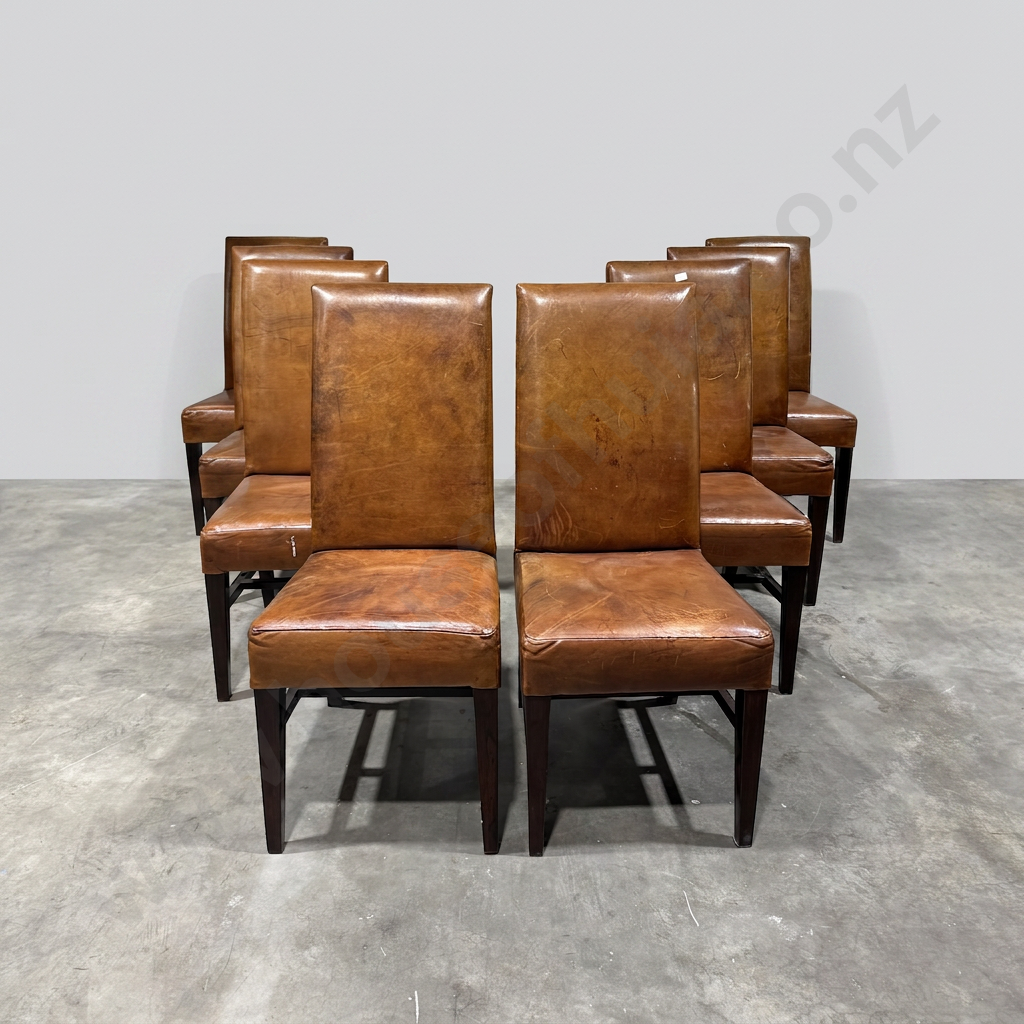 Eight Leather High Back Dining Chairs On Square Tapered Legs w Cross Stretchers Image 1++