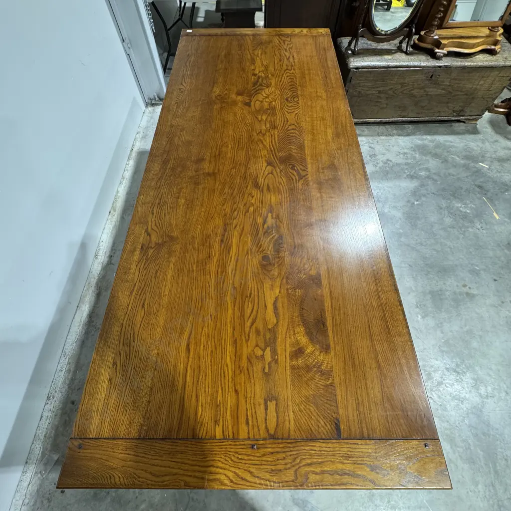 Large French Provincial Style Oak Dining Table w Cleated or Breadboard Ends On Square Tapered Legs & Frieze Drawer Image 1++