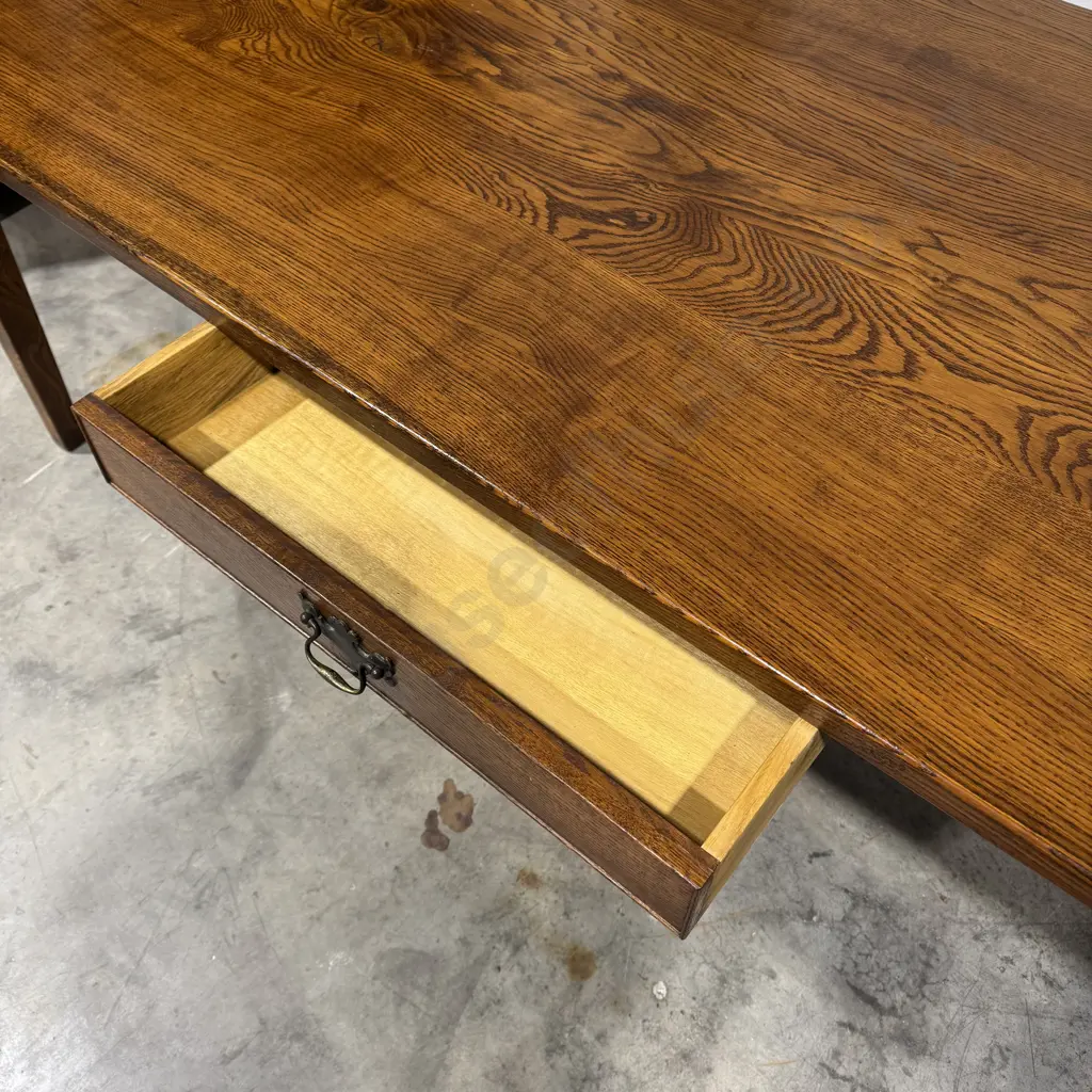 Large French Provincial Style Oak Dining Table w Cleated or Breadboard Ends On Square Tapered Legs & Frieze Drawer Image 1++