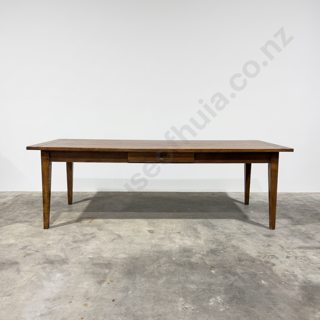 Large French Provincial Style Oak Dining Table w Cleated or Breadboard Ends On Square Tapered Legs & Frieze Drawer Image 1++