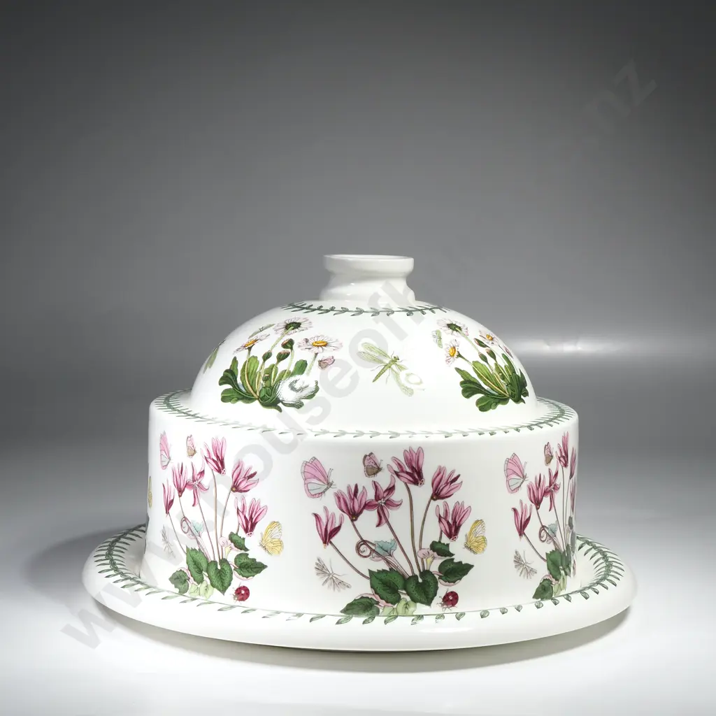 Portmeirion Botanic Garden Cheese Dome & Under Plate, Dome Decorated w Daisies & Cyclamen & the Plate w Christmas Rose Image 1++