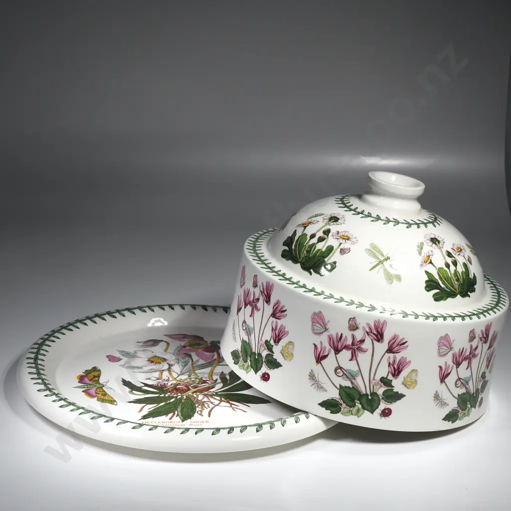 Portmeirion Botanic Garden Cheese Dome & Under Plate, Dome Decorated w Daisies & Cyclamen & the Plate w Christmas Rose Image 1++