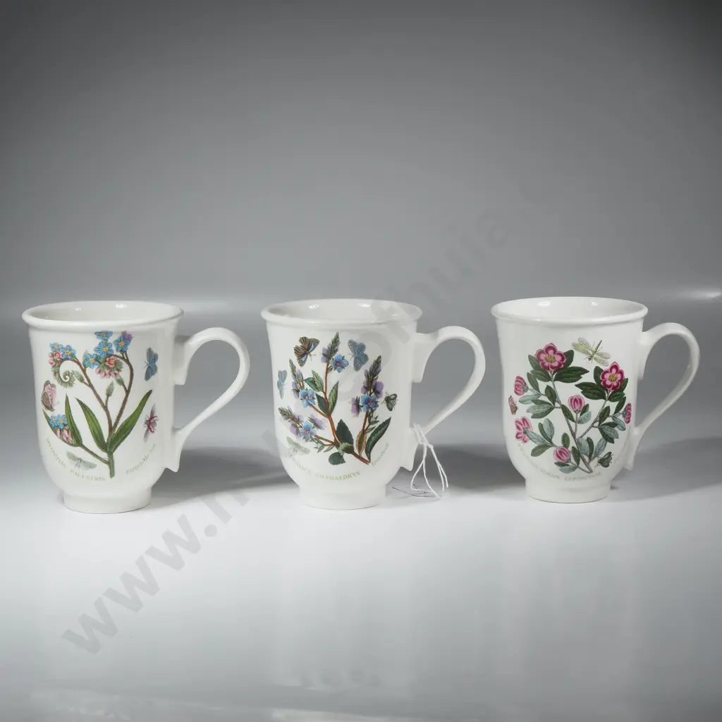 Three Bell Shaped Portmeirion Botanic Garden Mugs in The Speedwell, Forget Me Not & Rhododendron Pattern Image 1++