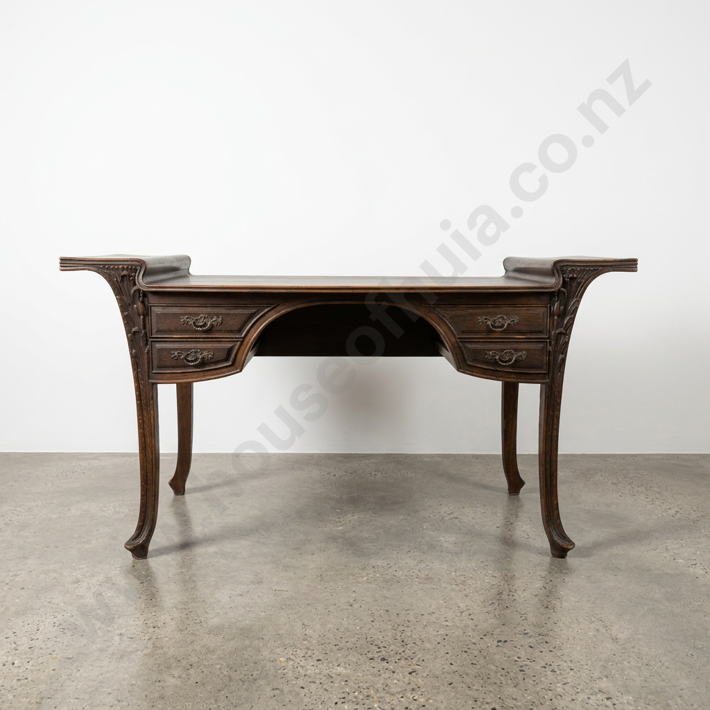 French Oak Art Nouveau Desk w Four Drawers & Ornate Handles, Carved Apron & Flared Legs, The Top Flanked by Shaped Arms Image 1++