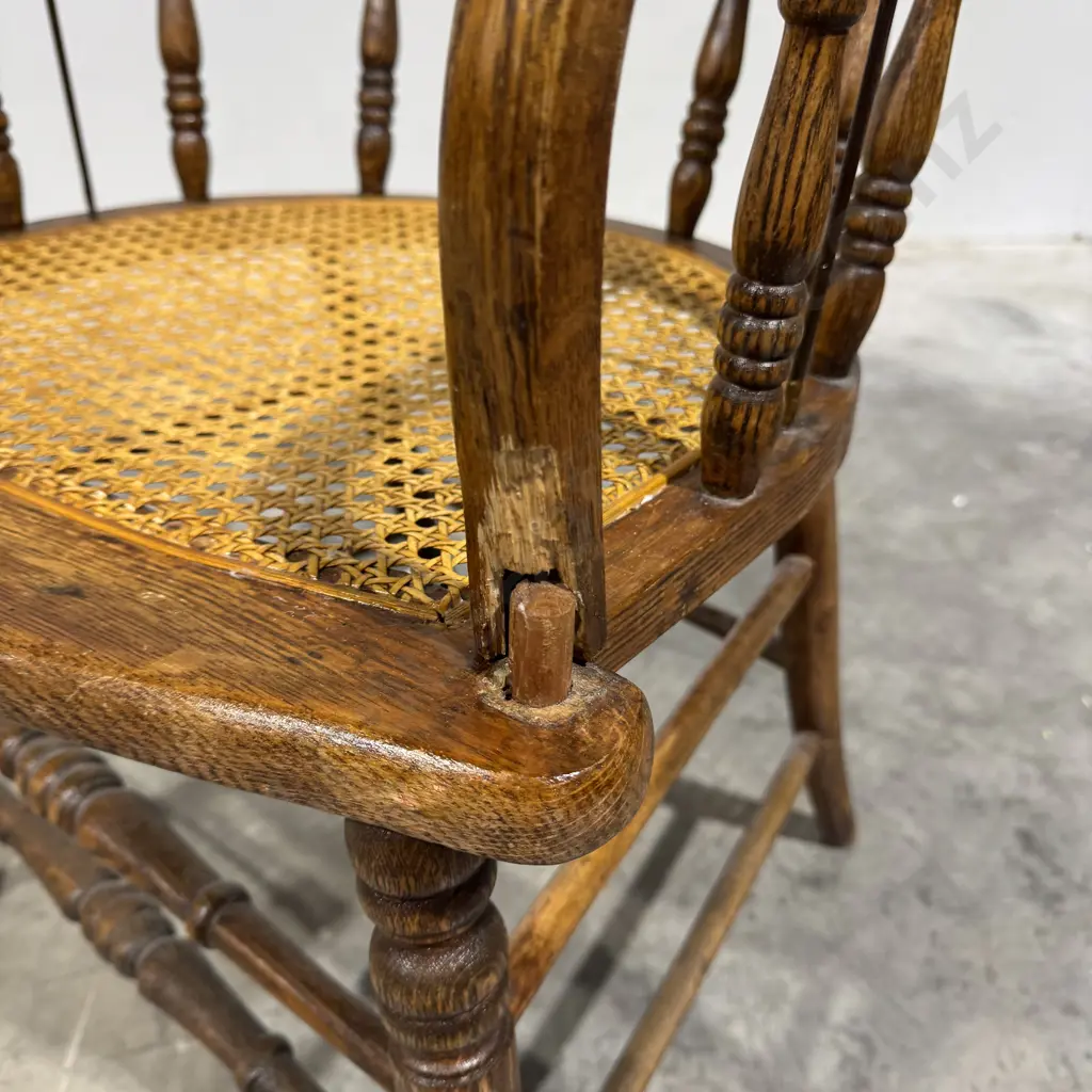 Vintage Oak Spindle Back Captain's Chair w Curved Backrest & a Woven Seat A/F Image 1++