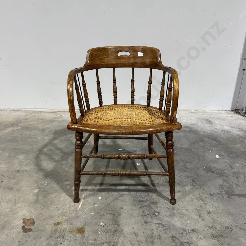 Vintage Oak Spindle Back Captain's Chair w Curved Backrest & a Woven Seat A/F Image 1++