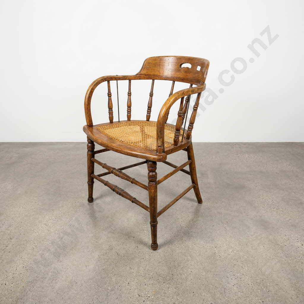 Vintage Oak Spindle Back Captain's Chair w Curved Backrest & a Woven Seat A/F Image 1++