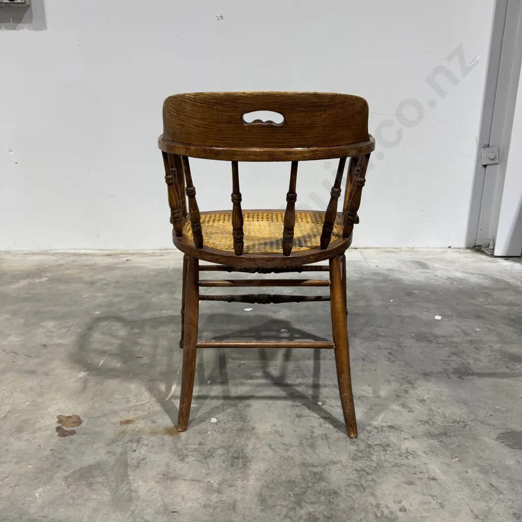 Vintage Oak Spindle Back Captain's Chair w Curved Backrest & a Woven Seat A/F Image 1++