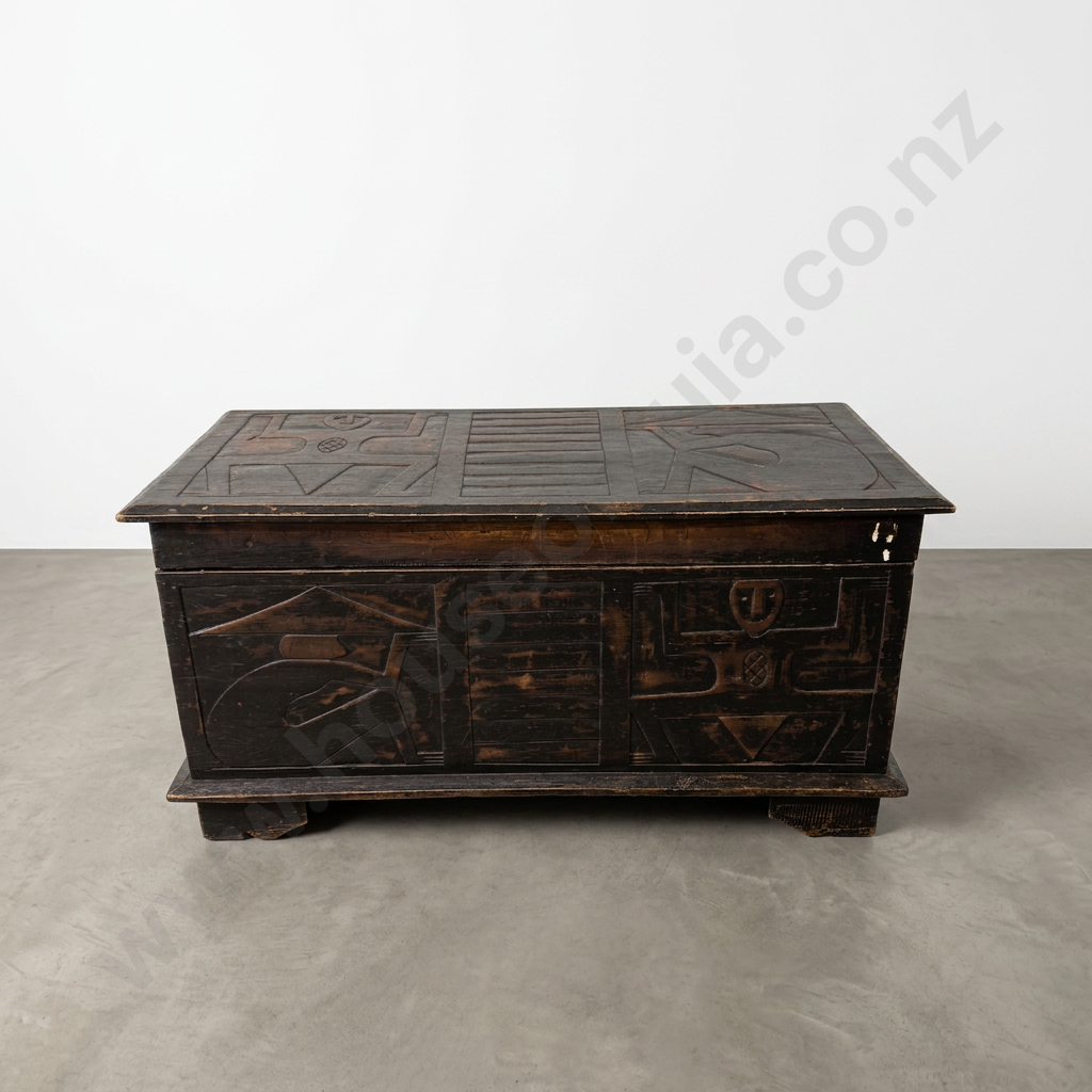 Antique West African Storage Chest w Hand Carved Traditional, Angular Figures & Rich Patina Image 1++