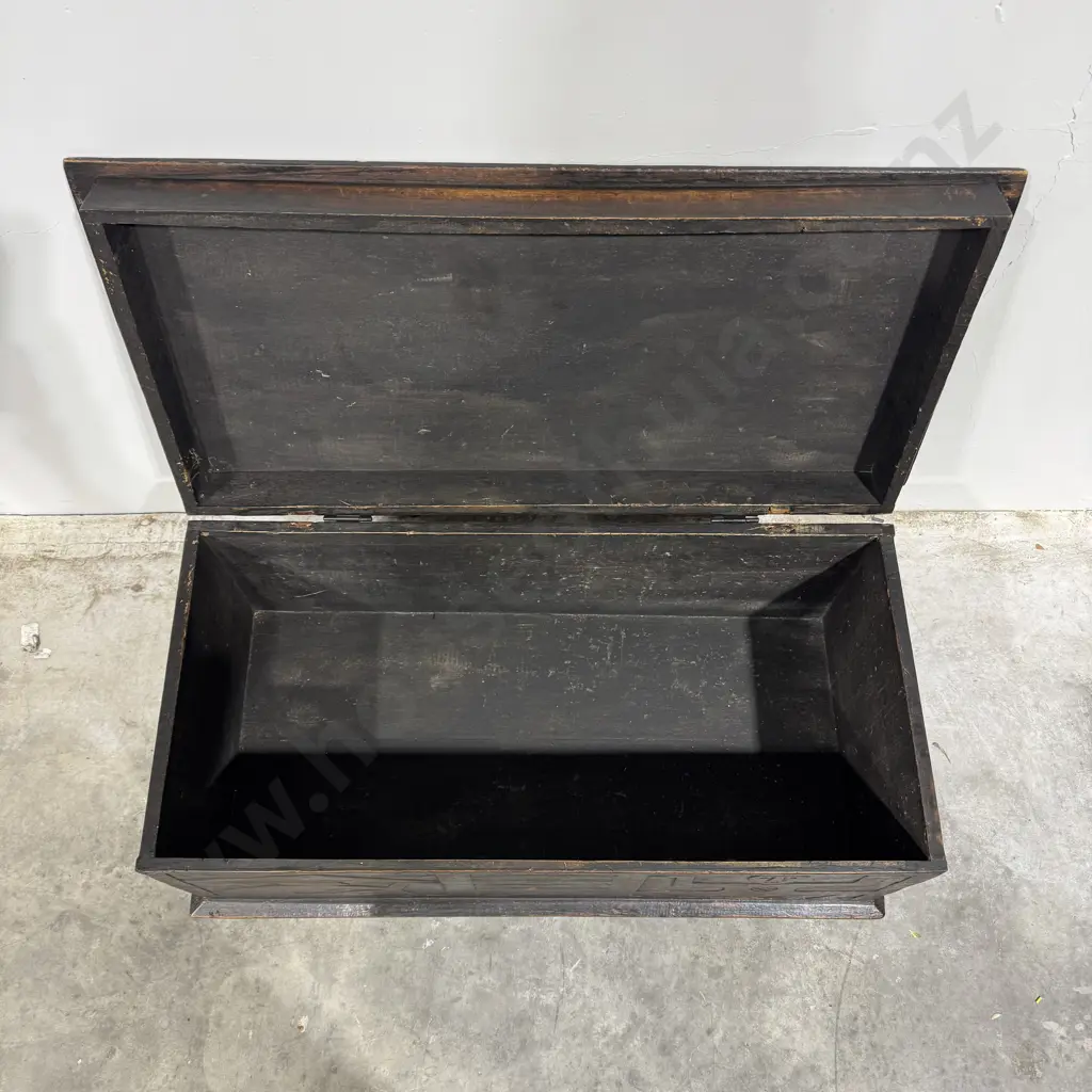 Antique West African Storage Chest w Hand Carved Traditional, Angular Figures & Rich Patina Image 1++