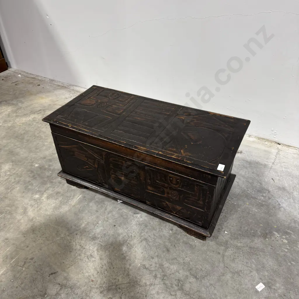 Antique West African Storage Chest w Hand Carved Traditional, Angular Figures & Rich Patina Image 1++