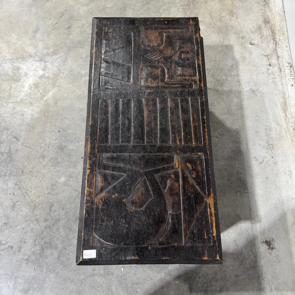 Antique West African Storage Chest w Hand Carved Traditional, Angular Figures & Rich Patina Image 1++