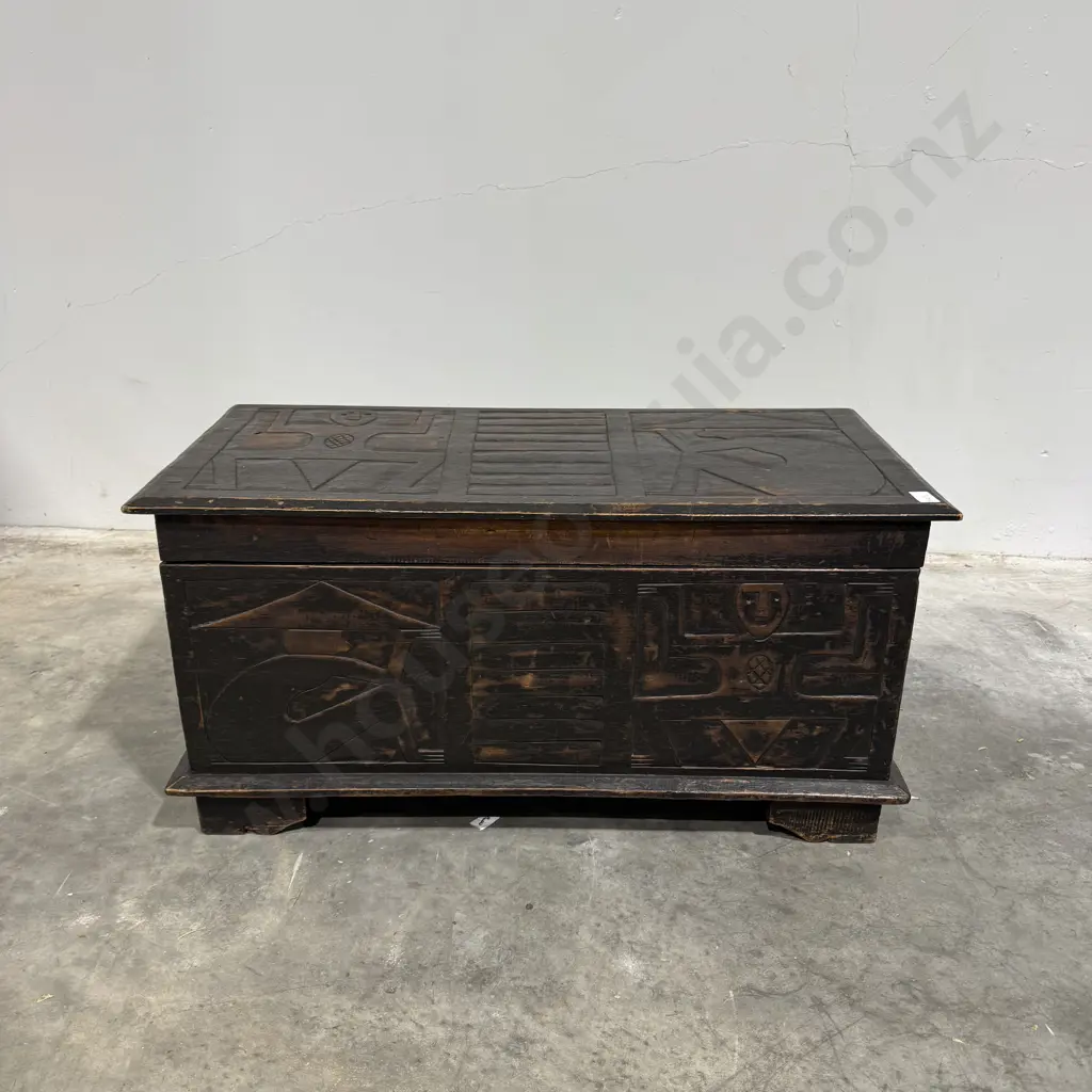 Antique West African Storage Chest w Hand Carved Traditional, Angular Figures & Rich Patina Image 1++
