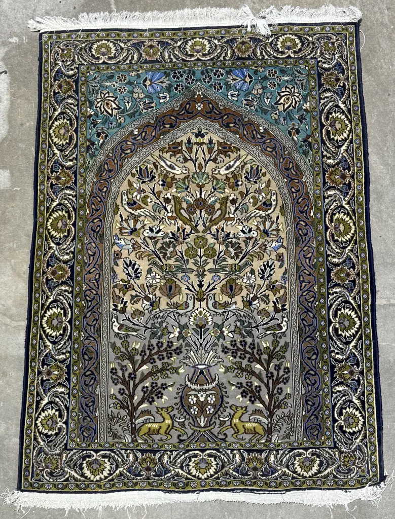 Kashmiri Rug w a Traditional 'Tree of Life' Pattern w Birds & Animals in Earthy Tones of Grey & Brown Image 1++