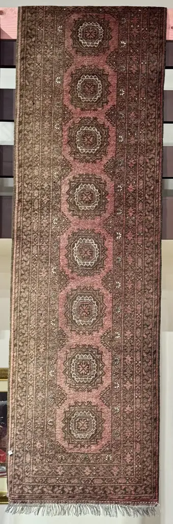 Hand Knotted Turkish Runner w Geometric Patterns in Light Orange, Rust, & Deep Blues Image 1++