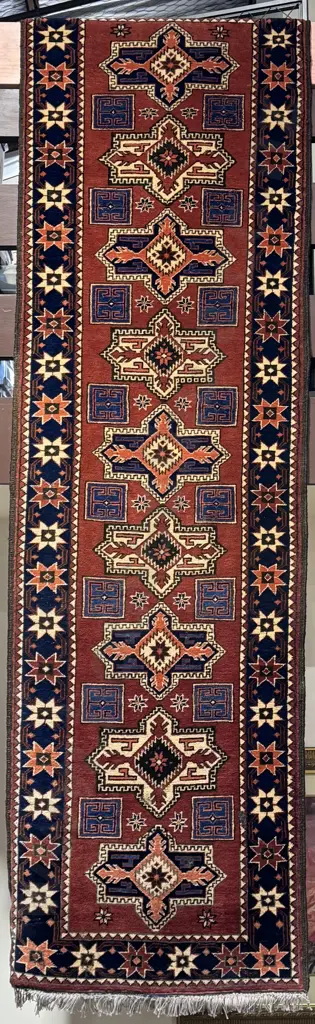 Hand Knotted Persian Floor Runner w Elephants Foot Decoration in Shades of Red Pink & Brown Image 1++