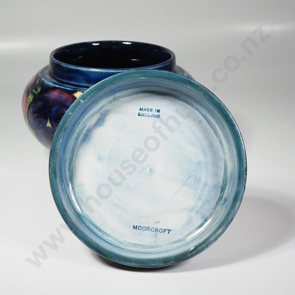 Vintage Moorcroft Bulbous Pottery Lidded Pot in the Pansy Pattern on a Cobalt Blue Ground Image 1++