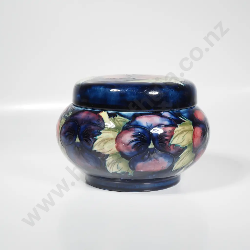 Vintage Moorcroft Bulbous Pottery Lidded Pot in the Pansy Pattern on a Cobalt Blue Ground Image 1++