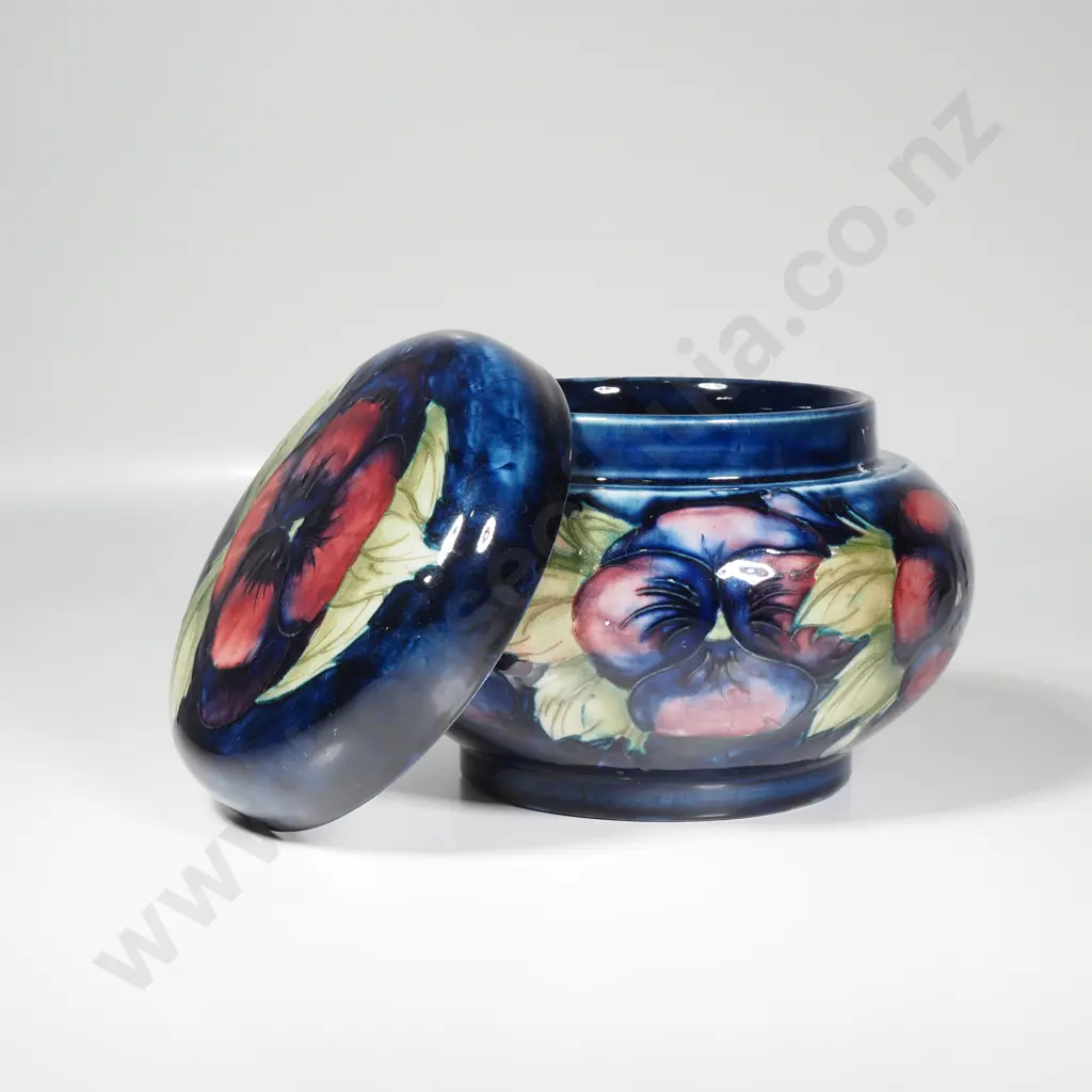 Vintage Moorcroft Bulbous Pottery Lidded Pot in the Pansy Pattern on a Cobalt Blue Ground Image 1++