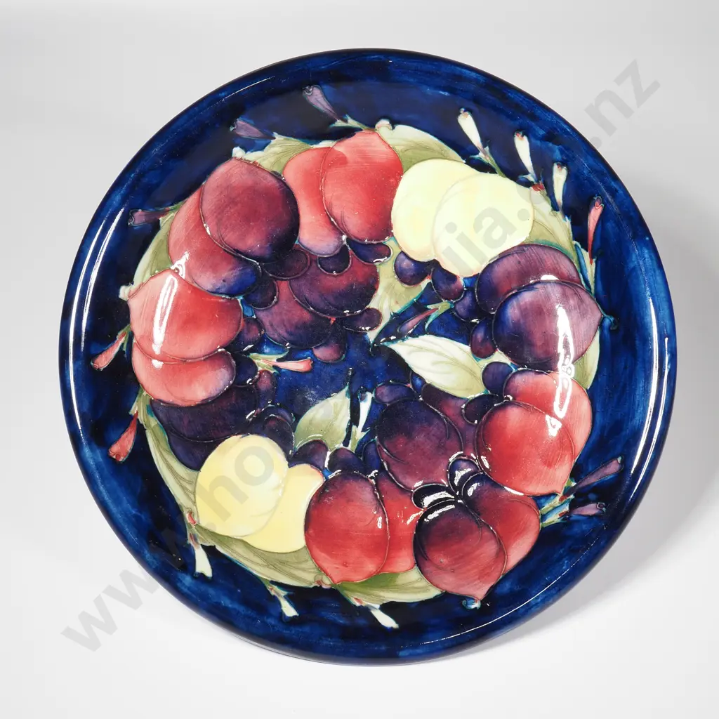 Vintage Moorcroft Art Pottery Shallow Bowl n the Plum & Wisteria Pattern on a Cobalt Blue Ground, Green Signature Image 1++