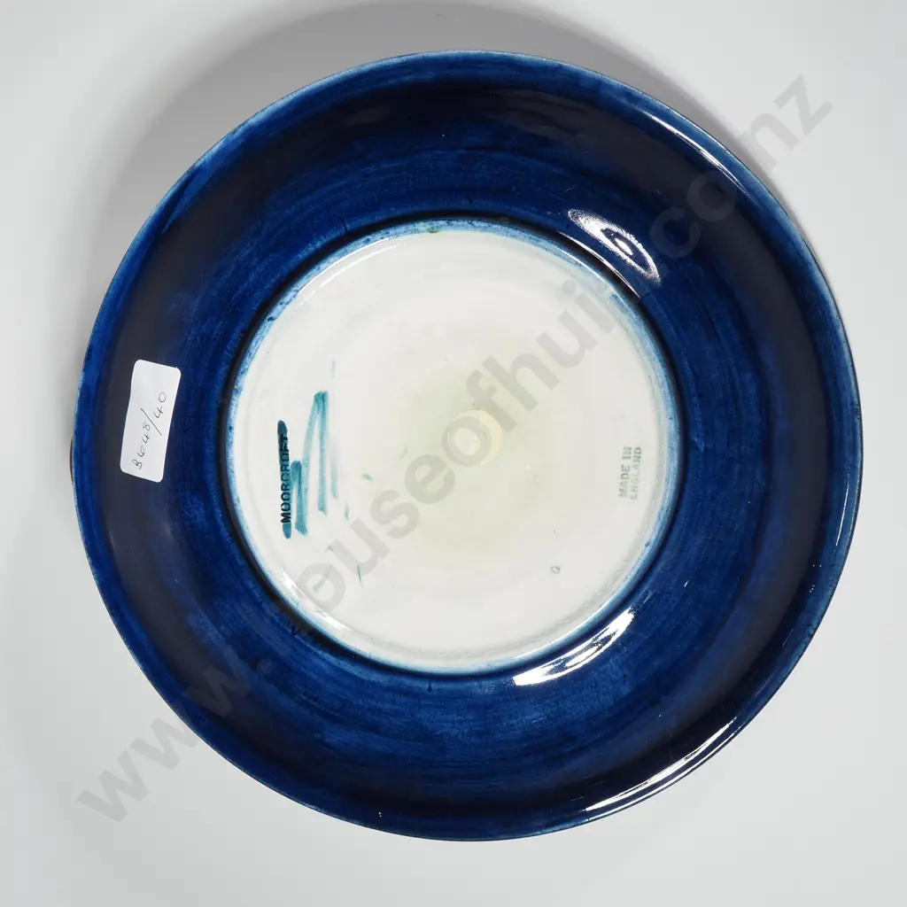 Vintage Moorcroft Art Pottery Shallow Bowl n the Plum & Wisteria Pattern on a Cobalt Blue Ground, Green Signature Image 1++