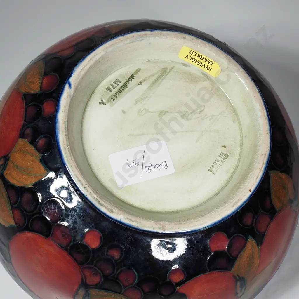 Vintage William Moorcroft Pottery Footed Bowl w Tubelined Pomegranate Design on a Blue Ground Image 1++