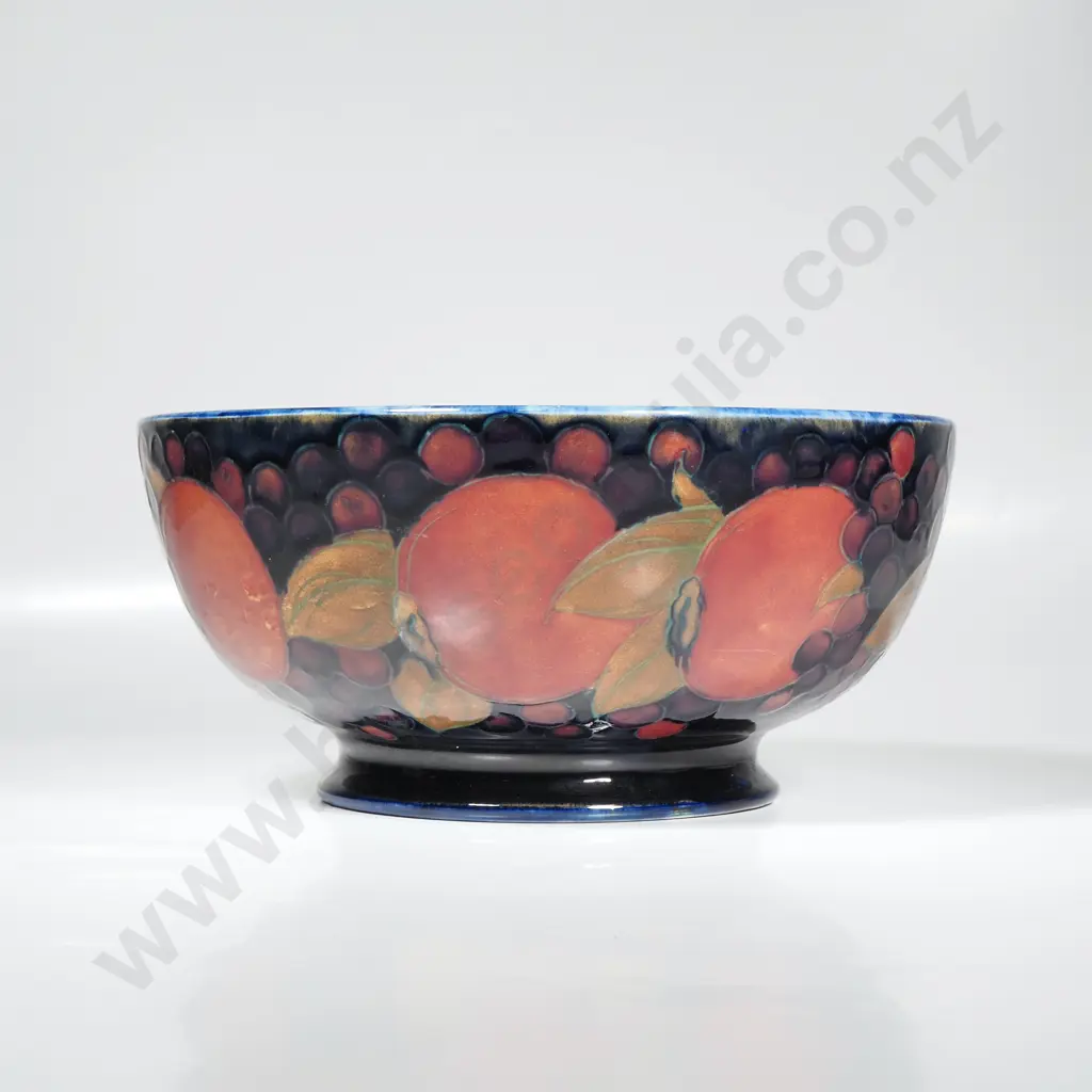 Vintage William Moorcroft Pottery Footed Bowl w Tubelined Pomegranate Design on a Blue Ground Image 1++