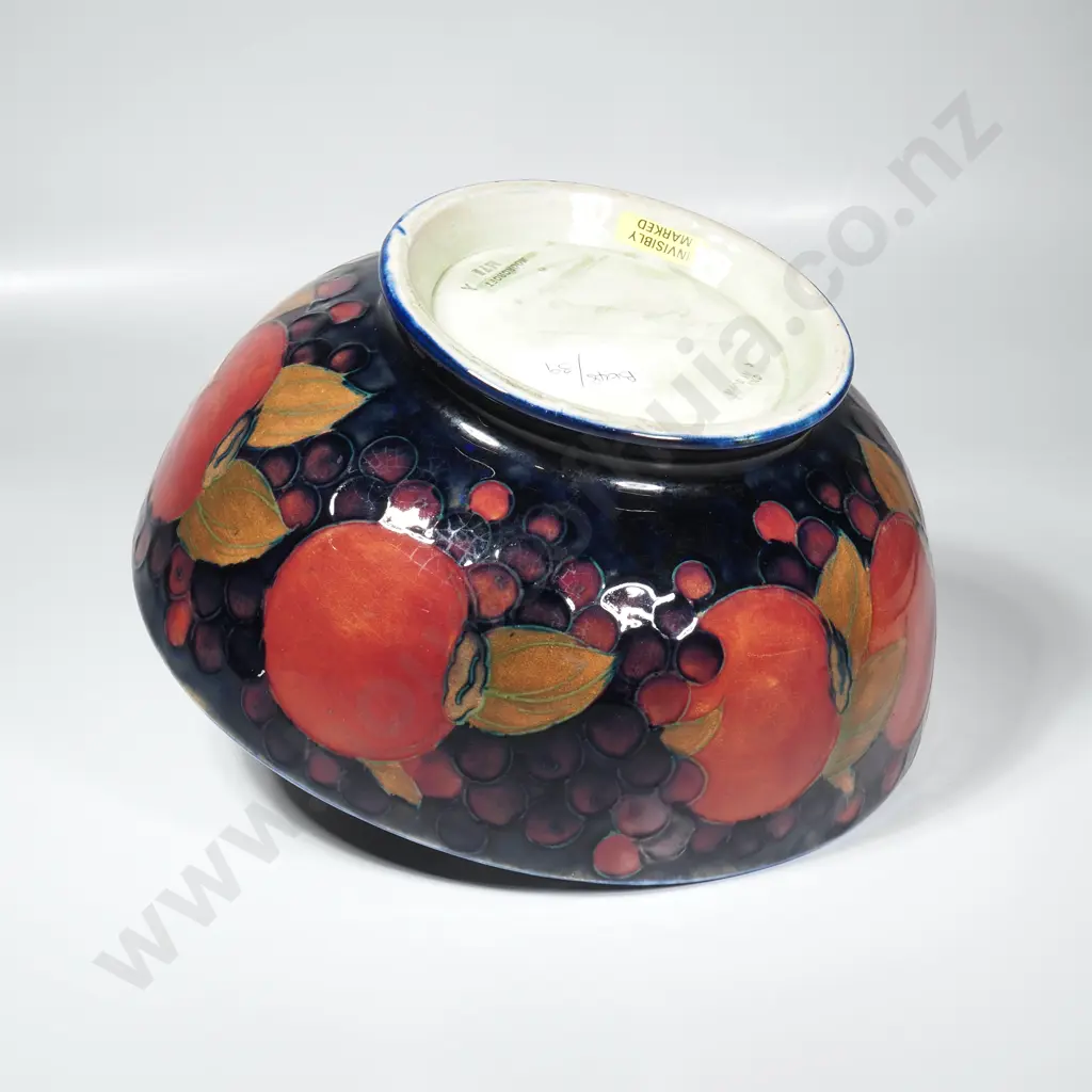 Vintage William Moorcroft Pottery Footed Bowl w Tubelined Pomegranate Design on a Blue Ground Image 1++