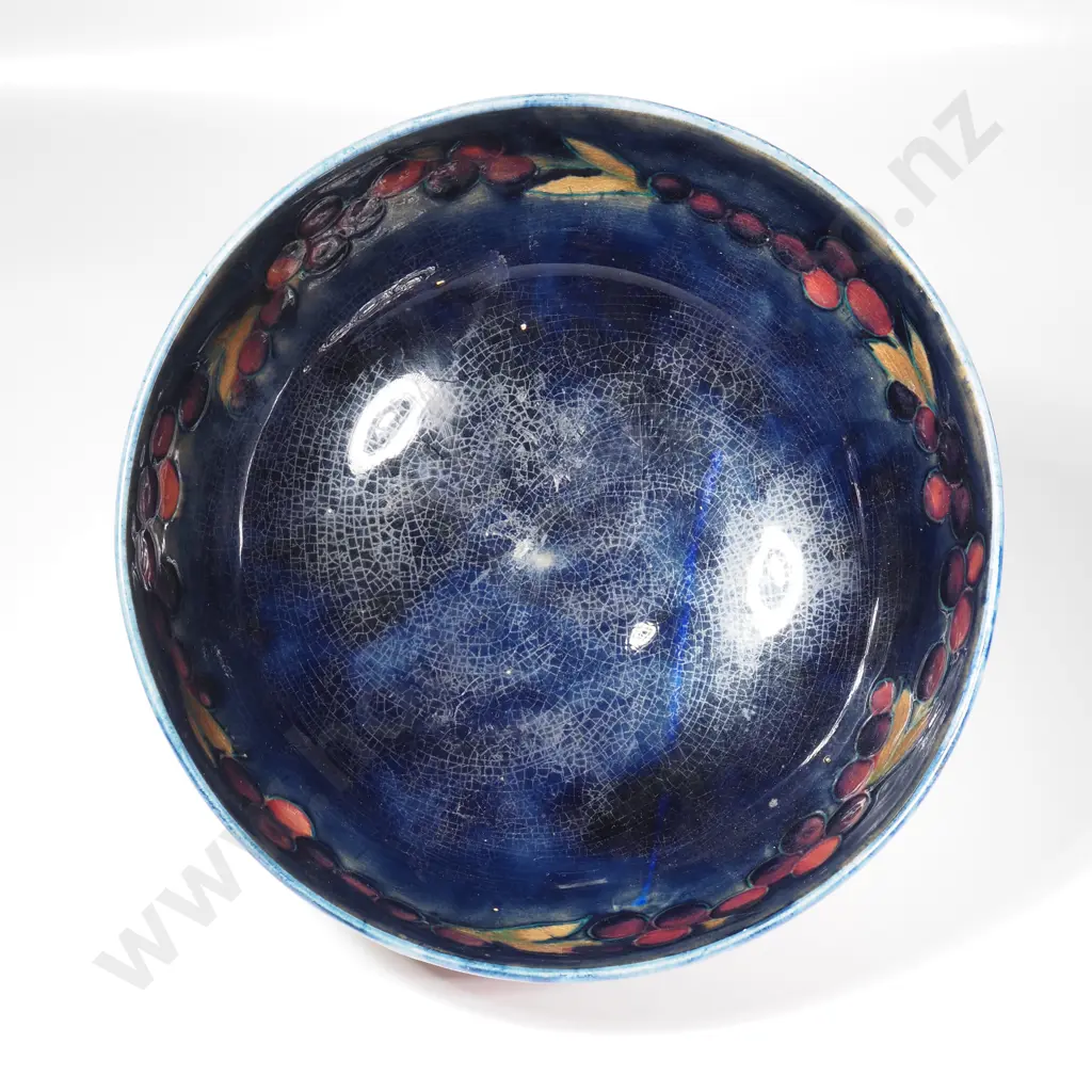 Vintage William Moorcroft Pottery Footed Bowl w Tubelined Pomegranate Design on a Blue Ground Image 1++