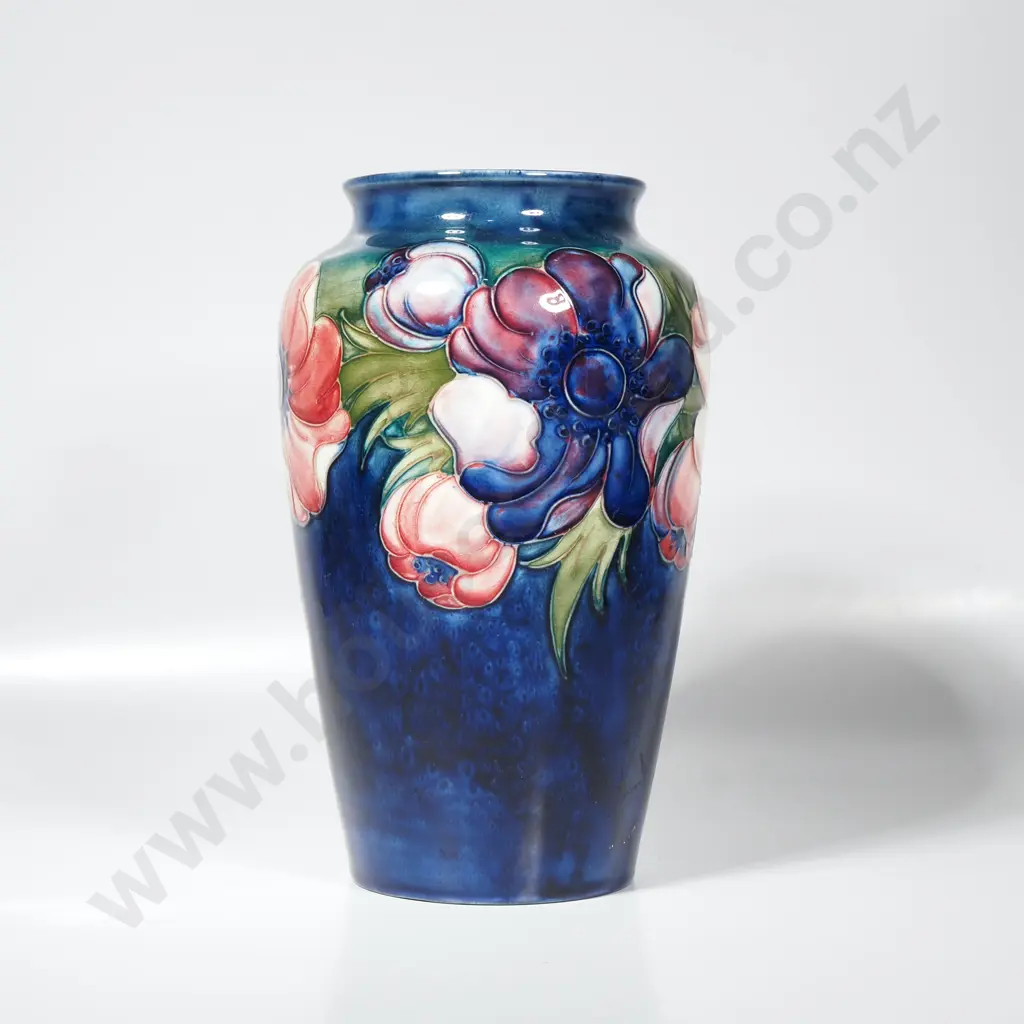 Walter Moorcroft Art Pottery Baluster Shape Vase in the Anemone Pattern w Tubelined Decoration on Cobalt Blue Ground Image 1++