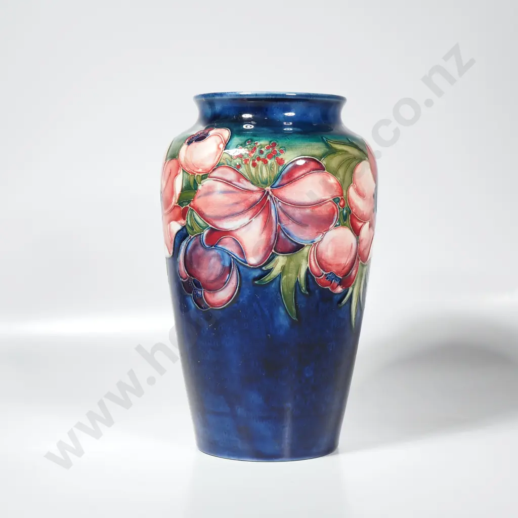 Walter Moorcroft Art Pottery Baluster Shape Vase in the Anemone Pattern w Tubelined Decoration on Cobalt Blue Ground Image 1++