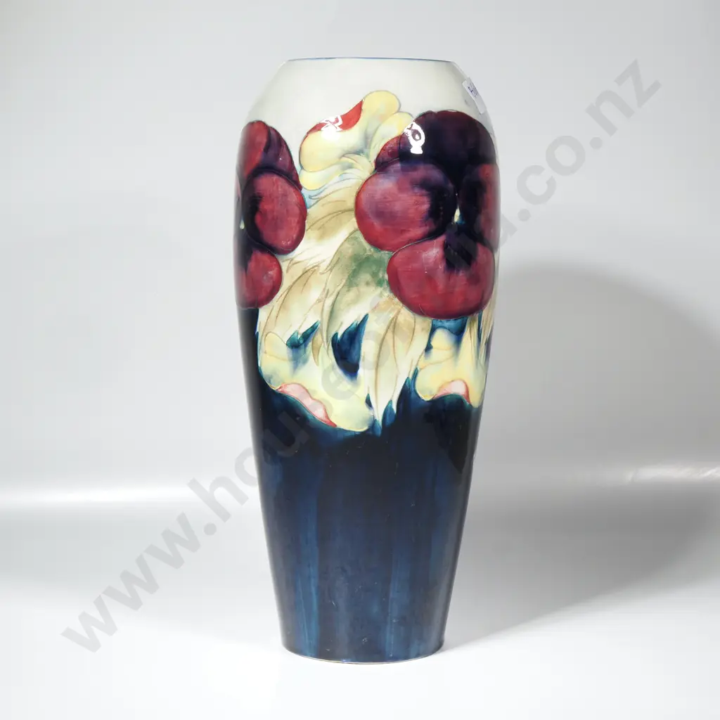 Tall William Moorcroft Pottery Vase w Hand Painted Pansy Pattern Decoration on a Cobalt Blue & Cream Ground Image 1++
